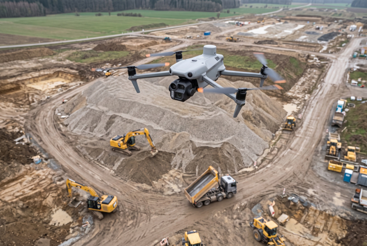 DRON DJI Matrice 4E mapuje hałdę żwiru na placu budowy